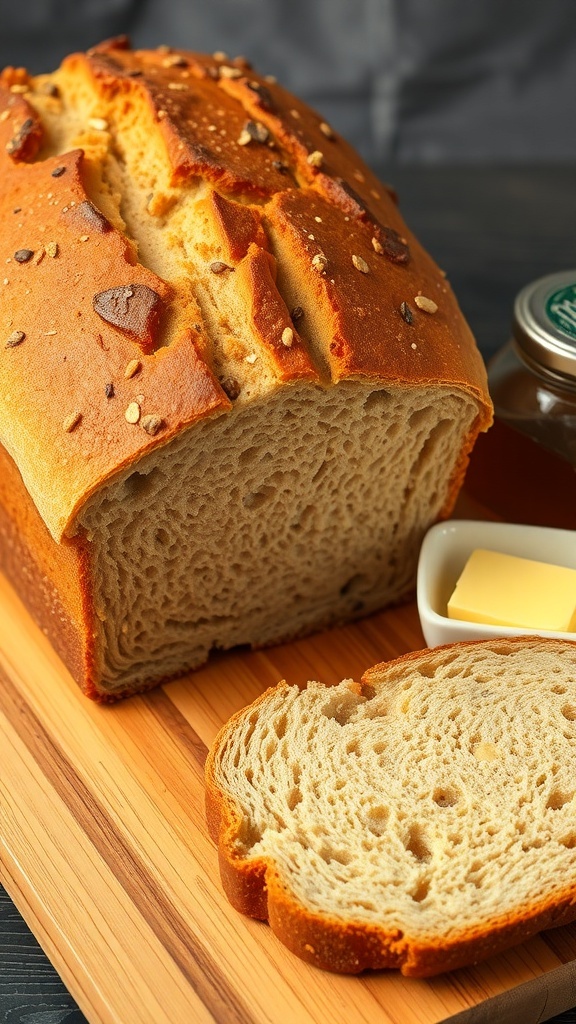 Freshly baked whole wheat bread loaf with slices on a cutting board, accompanied by butter and honey.